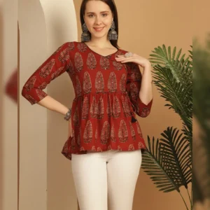 Slim Fit Cotton Short Kurti with Thread Work
