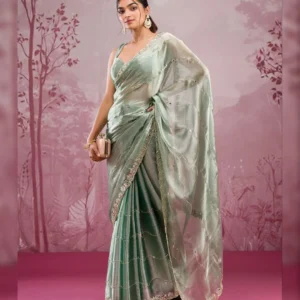 Premium Jimmy Chu Silk Embellished Saree with Glitter Dori & Real Mirror Work