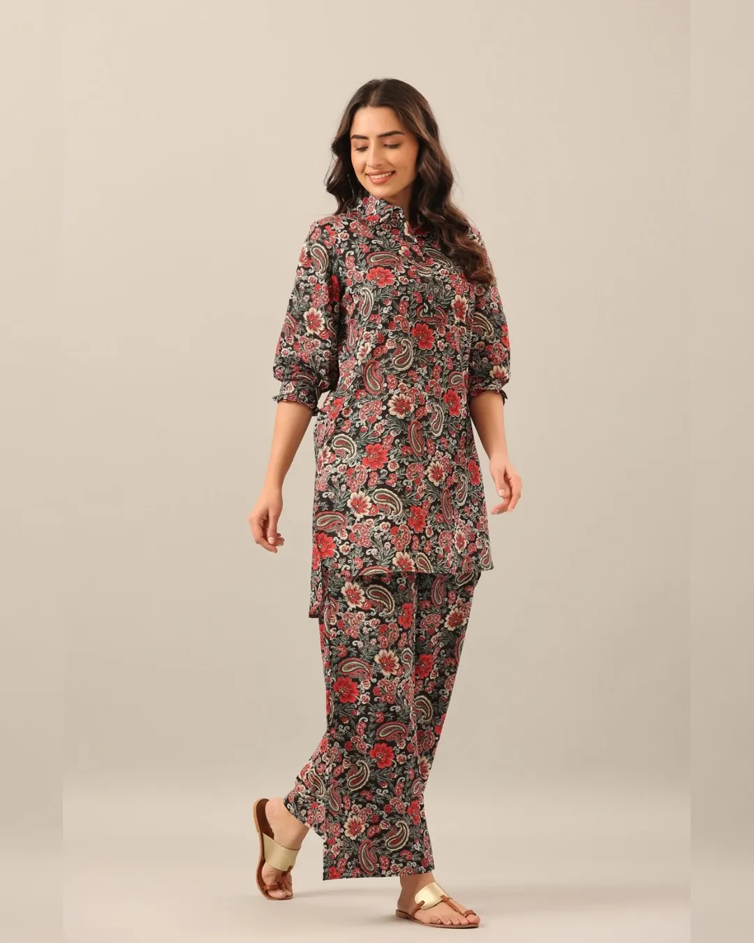 Chic Blossom: Printed Cotton Blend Top and Palazzo Set