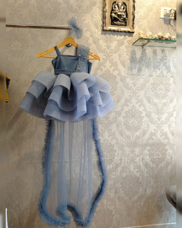 Elegant Grey Princess Frock with Full Flair and Handwork - Image 3