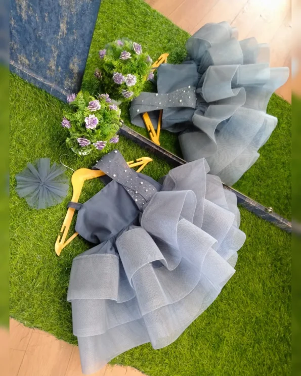 Elegant Grey Princess Frock with Full Flair and Handwork - Image 6