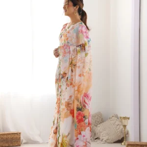 Heavy Chinnon Saree with Kutchi Mirror Lace Border & Matching Blouse Piece