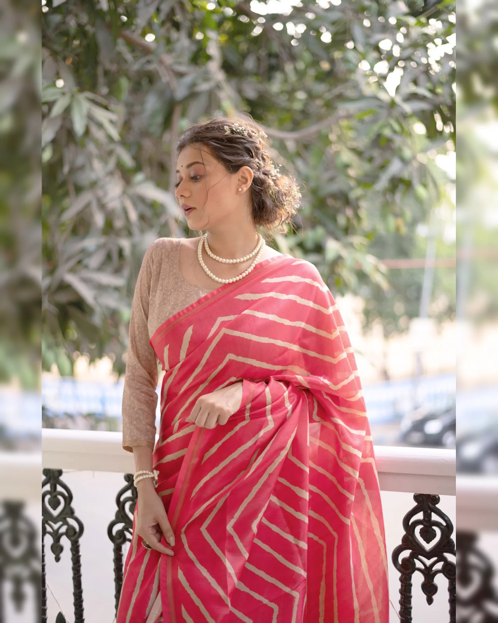 Extraordinary Laheriya Tussar Silk Saree with Kalamkari Peacock Pallu - Image 12