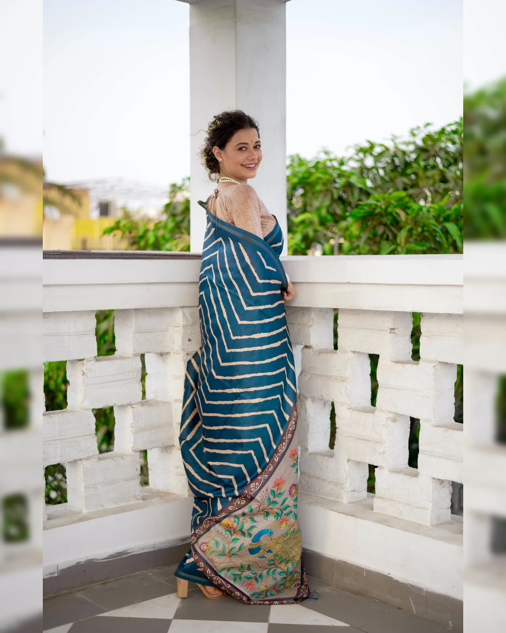 Extraordinary Laheriya Tussar Silk Saree with Kalamkari Peacock Pallu - Image 13