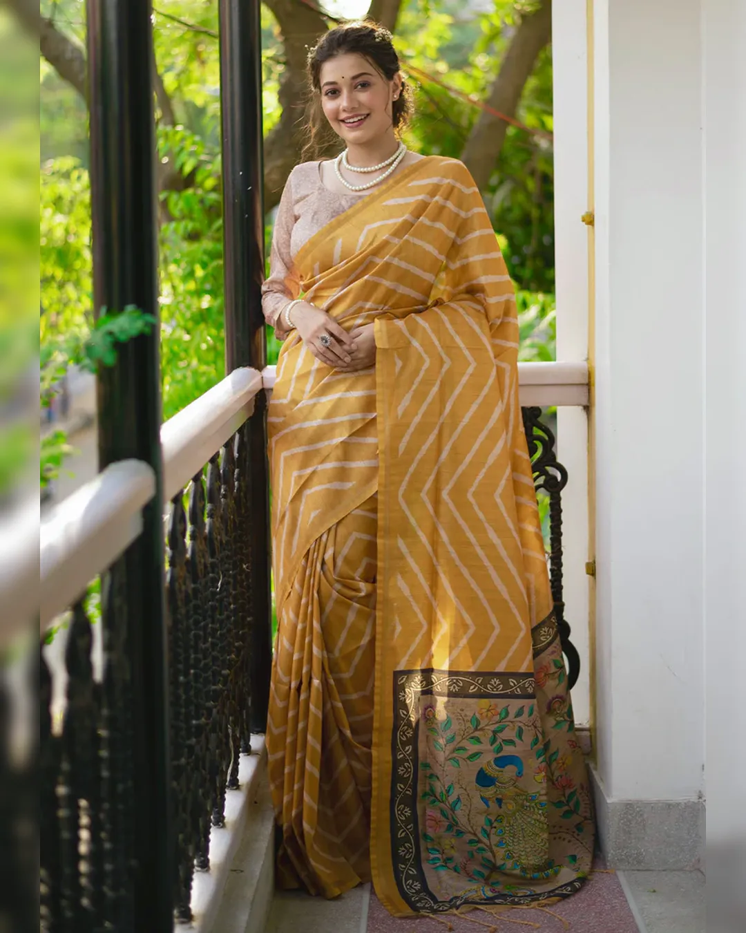 Extraordinary Laheriya Tussar Silk Saree with Kalamkari Peacock Pallu - Image 14