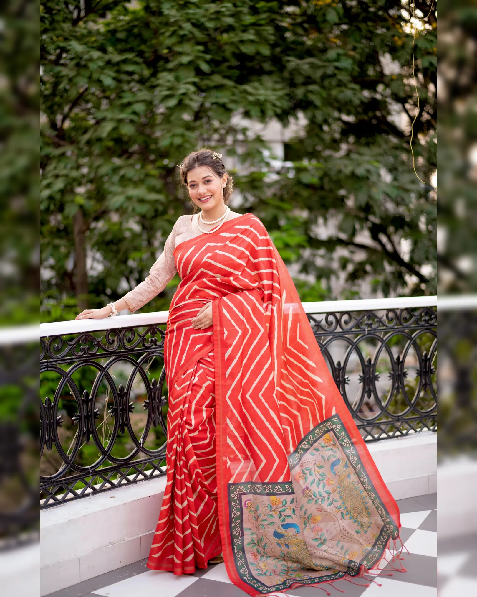 Extraordinary Laheriya Tussar Silk Saree with Kalamkari Peacock Pallu - Image 8