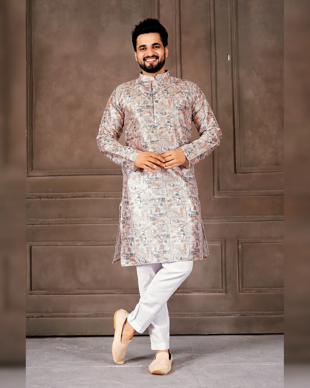 Exclusive Digital Print Men’s Kurta Pyjama Set with Raymond Cotton Bottom