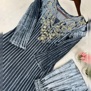 Winter Special Blooming Velvet Embroidery Work Suit with Pant