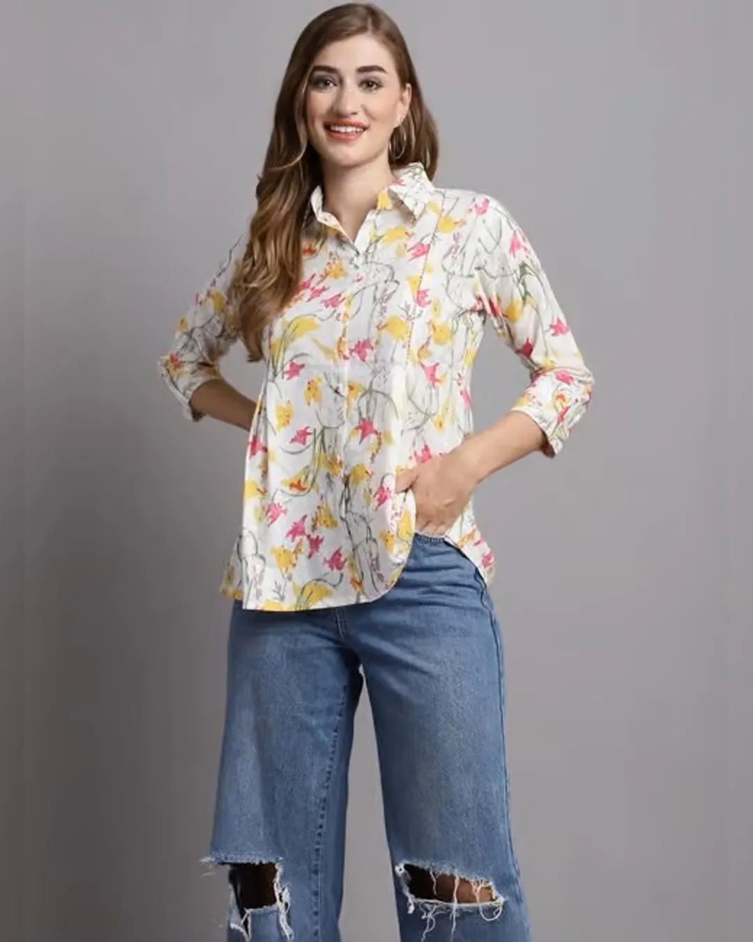 White Women’s Cotton Floral Printed Short Top