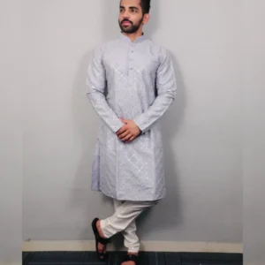 Men’s Traditional Kurta Pajama Set with Silver and Mate Sequence Embroidery Work