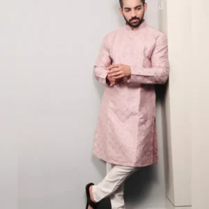 Men’s Traditional Kurta Pajama Set with Silver and Mate Sequence Embroidery Work