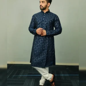 Men’s Traditional Kurta Pajama Set with Silver and Mate Sequence Embroidery Work