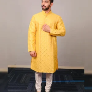 Men’s Traditional Kurta Pajama Set with Silver and Mate Sequence Embroidery Work