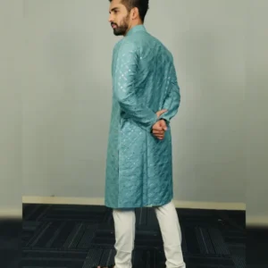 Men’s Traditional Kurta Pajama Set with Silver and Mate Sequence Embroidery Work