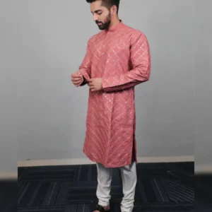 Men’s Traditional Kurta Pajama Set with Silver and Mate Sequence Embroidery Work