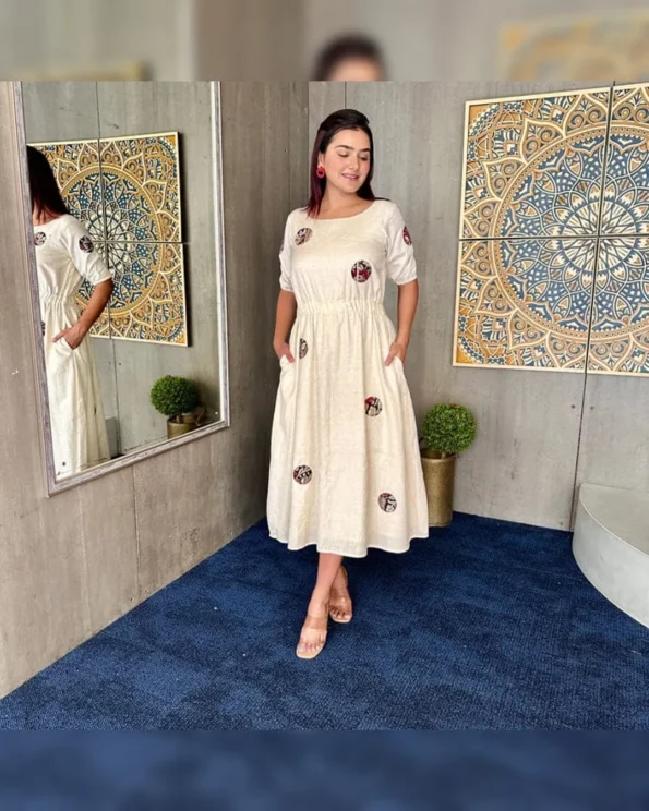 Cream Polka Dot Cotton Midi Gown for Summer