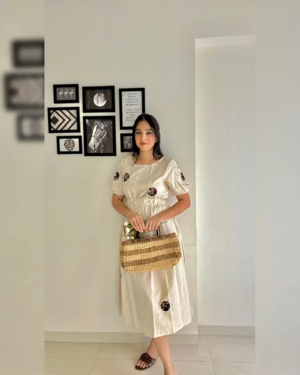 Cream Polka Dot Cotton Midi Gown for Summer - Image 7