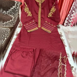 Muslin Gold Zari Embroidered Suit Set with Organza Dupatta