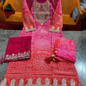 Elegant Printed Chinon Kurta Set with Real Mirror & Heavy Embroidery Work