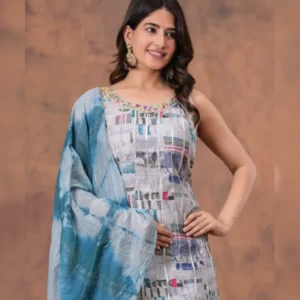 Muslin Short Kurti, Sharara & Chanderi Dupatta Set with Foil Digital Print & Handwork