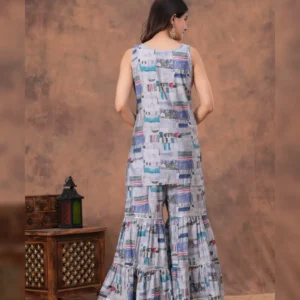 Muslin Short Kurti, Sharara & Chanderi Dupatta Set with Foil Digital Print & Handwork