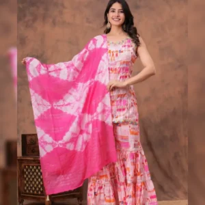Muslin Short Kurti, Sharara & Chanderi Dupatta Set with Foil Digital Print & Handwork