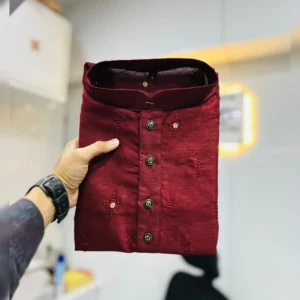 Men’s Ethnic Kurta Pajama with Golden Badla Thread Embroidery in Soft Parbon Silk