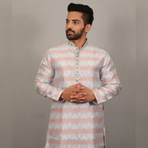 Exclusive Men’s Kurta Pajama Set with Unique Neck Design in Soft J-Card Silk