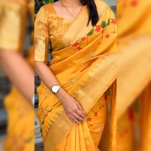 Assam Silk Saree with Zari Jacquard Border, Digital Print, and Thread Embroidered Cut Work