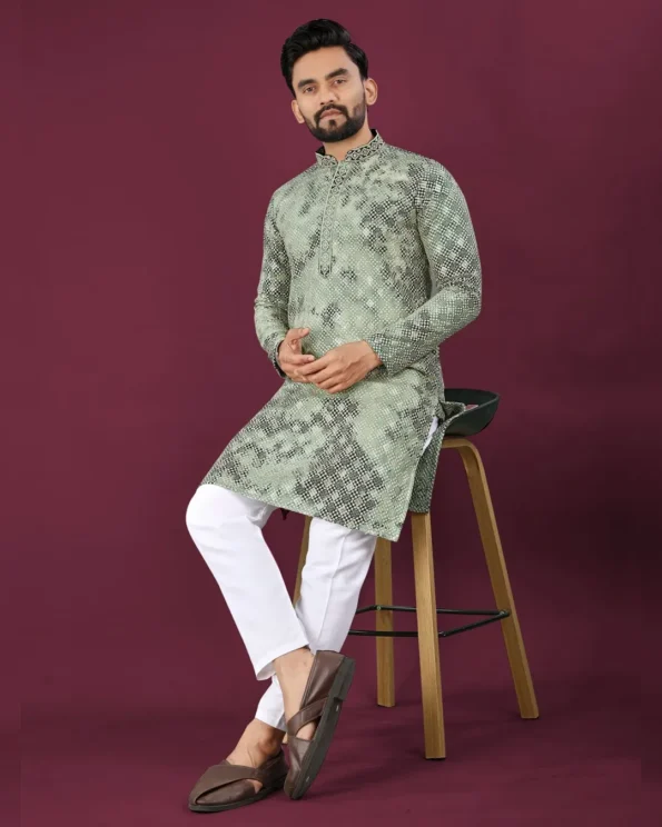 Men’s Chikankari Lucknowi Kurta Pajama Set with Matt Sequins - Image 2