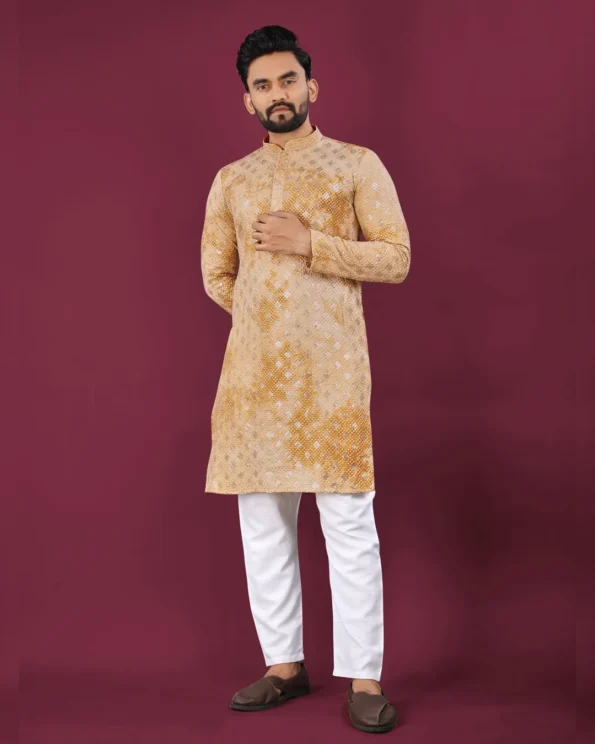 Men’s Chikankari Lucknowi Kurta Pajama Set with Matt Sequins - Image 3