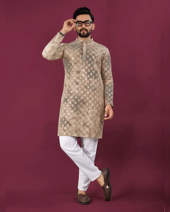 Men’s Chikankari Lucknowi Kurta Pajama Set with Matt Sequins - Image 6