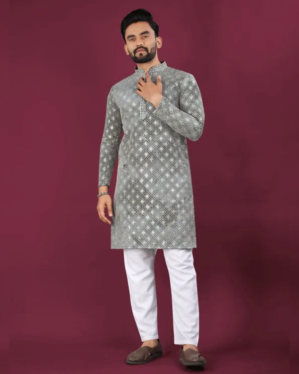 Men’s Chikankari Lucknowi Kurta Pajama Set with Matt Sequins - Image 8