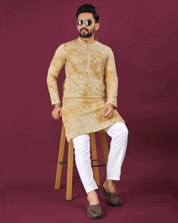 Men’s Chikankari Lucknowi Kurta Pajama Set with Matt Sequins