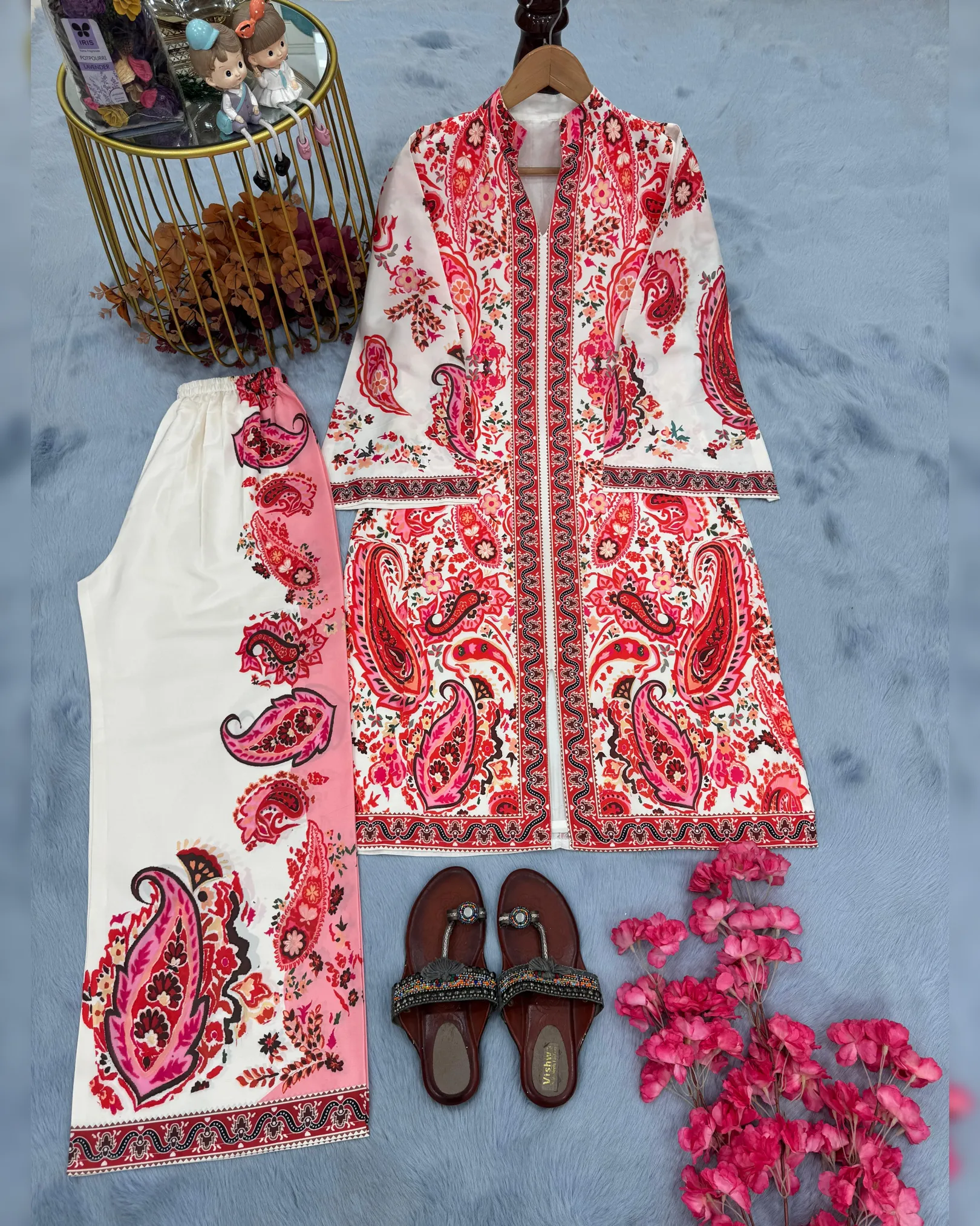 New Designer Printed Pure Malai Satin Party Wear Co-Ord Set - Image 4
