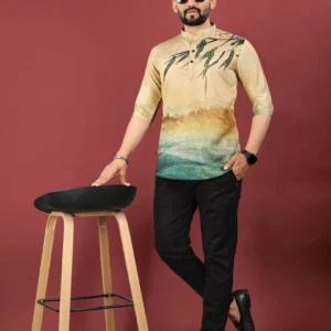 Stylish Jute Cotton Digital Printed Men’s Short Kurta – Regular Fit