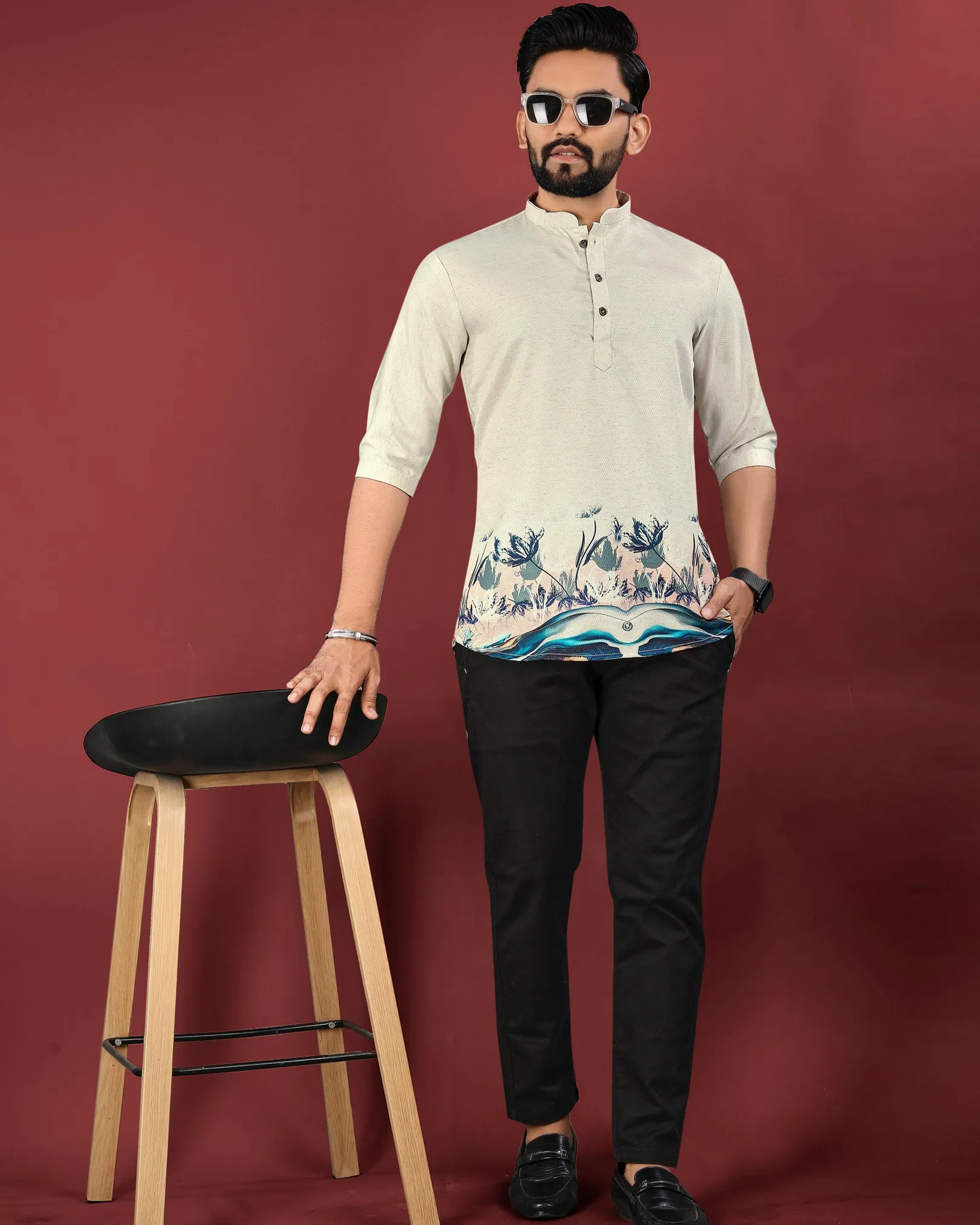 Stylish Jute Cotton Digital Printed Men’s Short Kurta