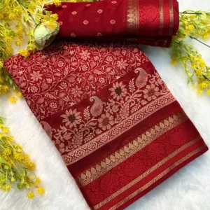 Premium Soft Cotton Saree with Floral Design, Jacquard Jari Border & Running Blouse