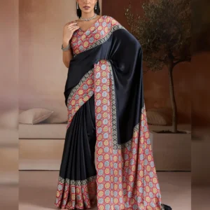 Elegant Modal Satin Saree with Traditional Ajrakh Print – Premium Festive Wear