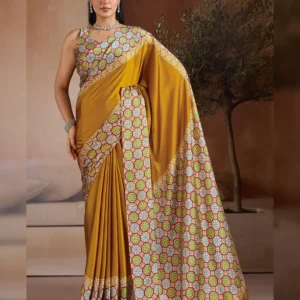 Elegant Modal Satin Saree with Traditional Ajrakh Print – Premium Festive Wear