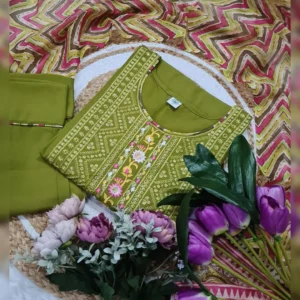 Elegant Muslin Cotton Embroidered Kurta Set with Chanderi Cotton Dupatta