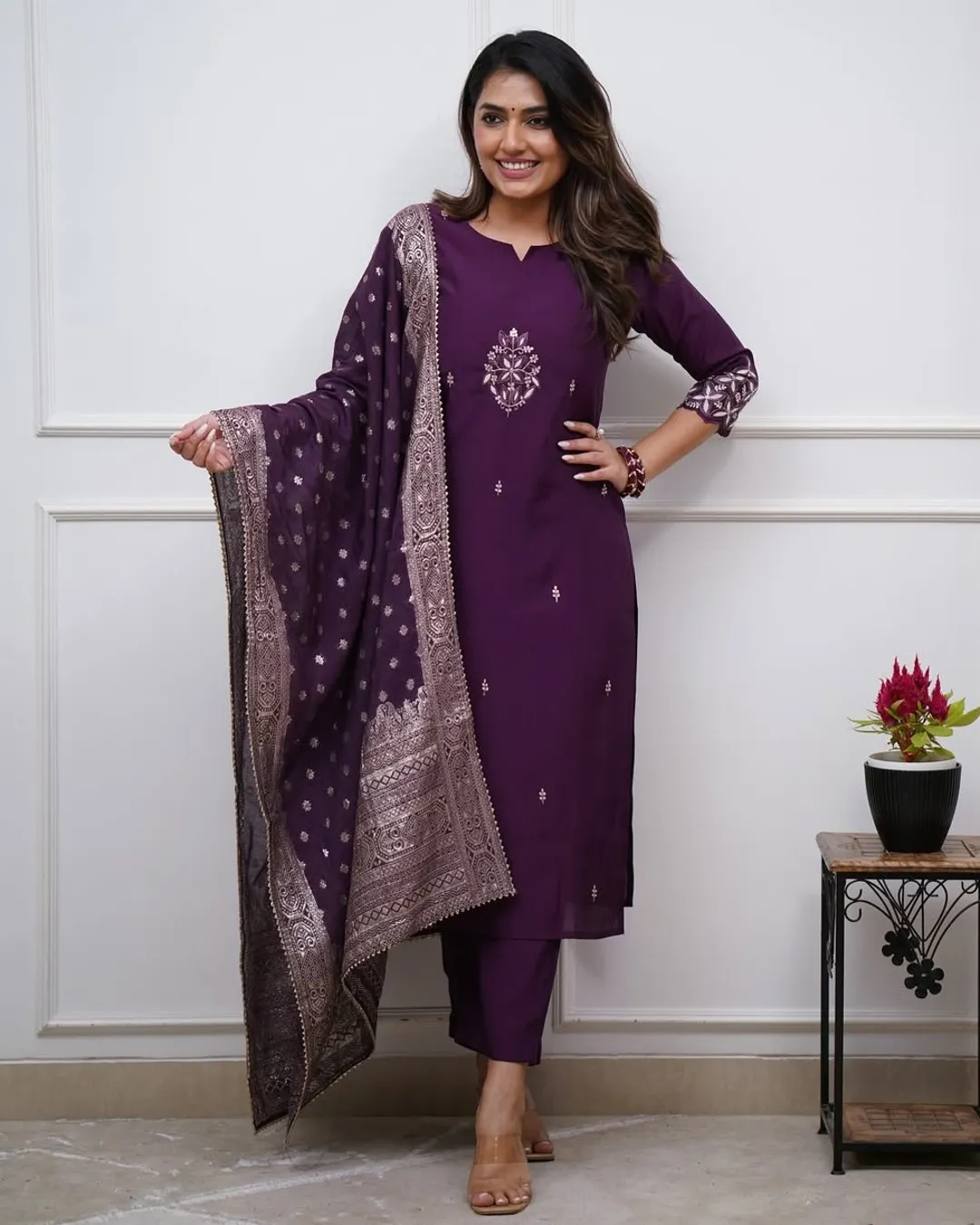 Premium PV Chanderi Embroidered Kurta Set with Cotton Jacquard Dupatta