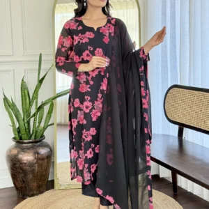 Printed Georgette Kurta with Chanderi Silk Pant and Dupatta Set