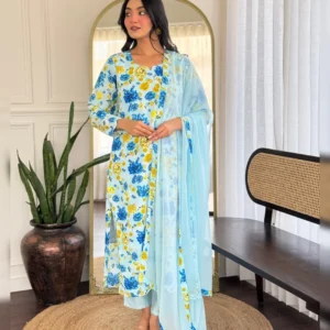 Elegant Printed Georgette Kurta with Chanderi Silk Pant & Dupatta Set