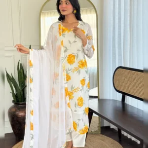 Elegant Printed Georgette Kurta with Chanderi Silk Pant & Dupatta Set