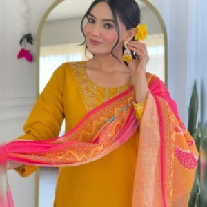 Elegant Chanderi Silk Embroidered Suit with Pure Linen Dupatta