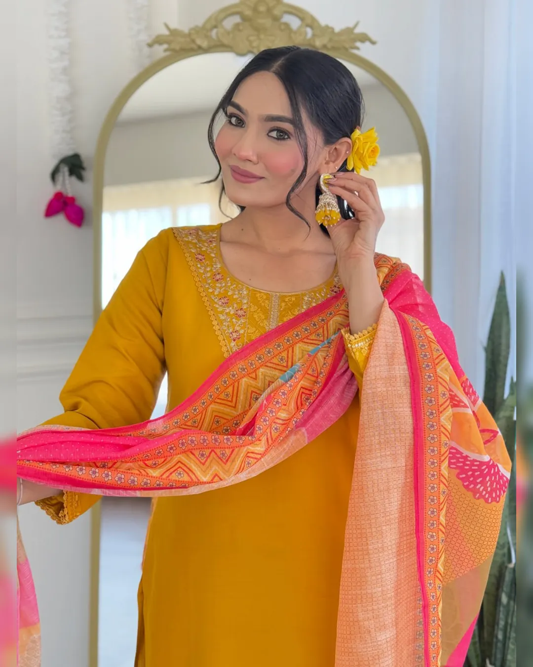 Elegant Chanderi Silk Embroidered Suit with Pure Linen Dupatta - Image 7