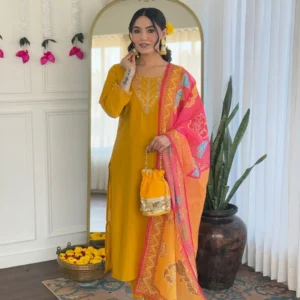 Elegant Chanderi Silk Embroidered Suit with Pure Linen Dupatta