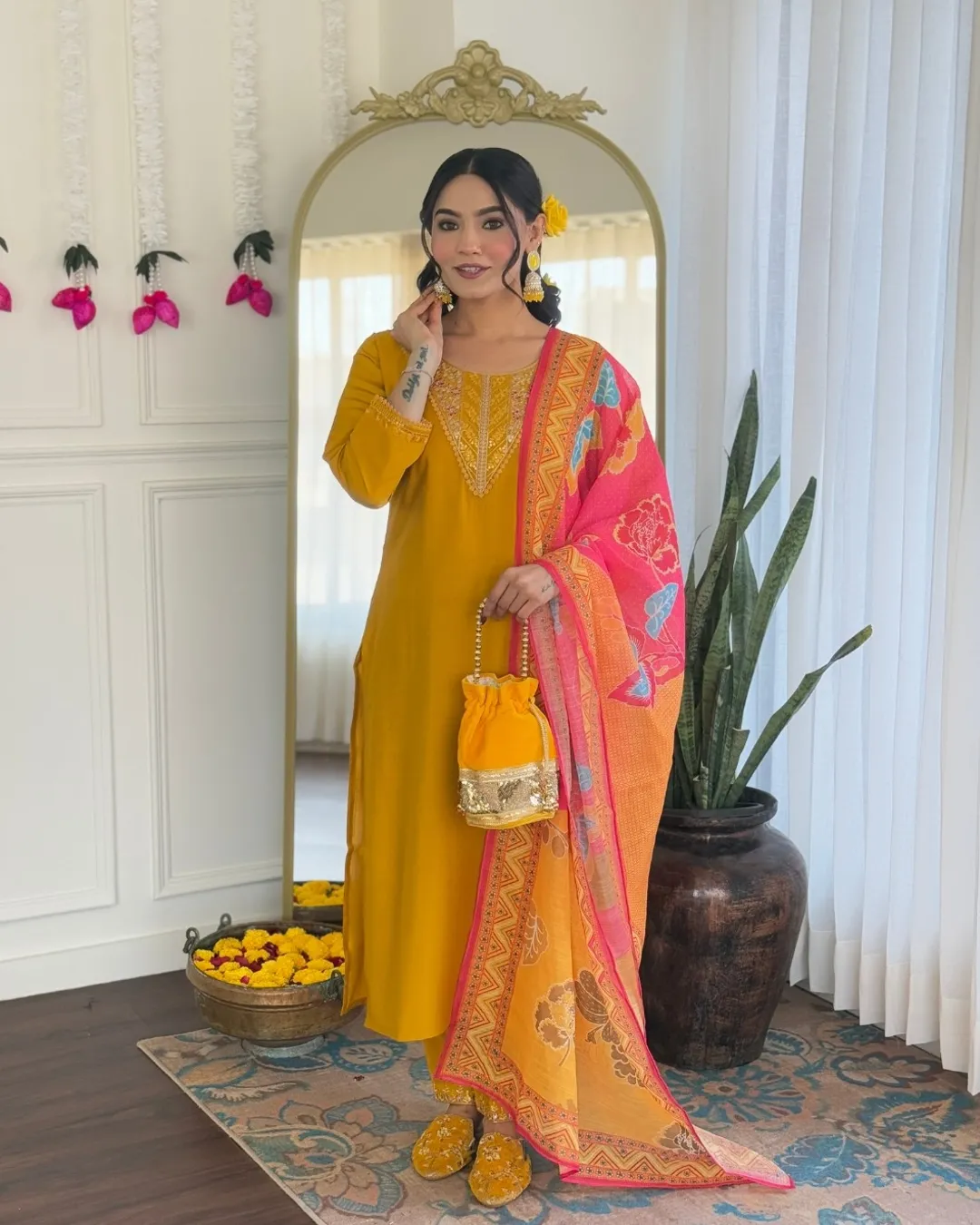 Elegant Chanderi Silk Embroidered Suit with Pure Linen Dupatta - Image 8