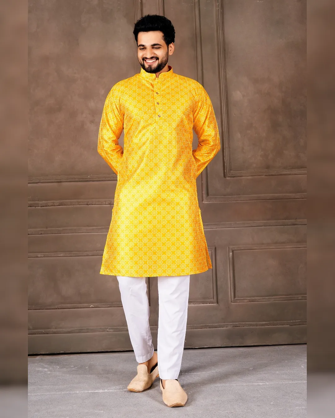 Exclusive Digital Print Men’s Kurta Pyjama Set with Raymond Cotton Bottom